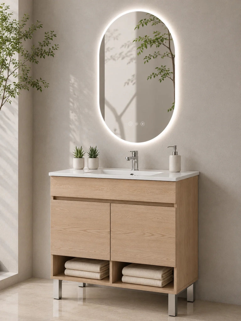 Mobile bagno con piedini con lavabo extrapiano ORIGENBATH NEBARI senza specchio 100x40 cm estepa