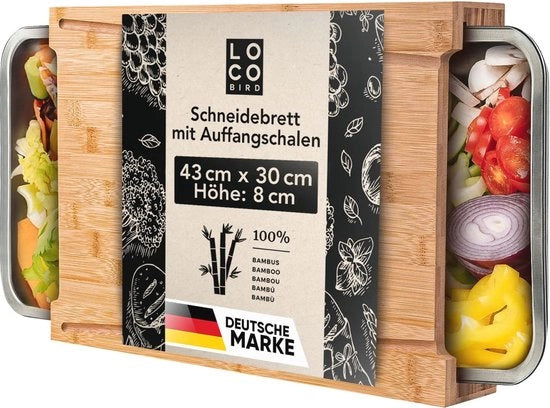 Pannello di Taglio con Cestelli di Raccolta - Accessorio Ideale per la Cucina - Set in Bambù - Cestelli di Raccolta in Acciaio Inossidabile - Aiuto Culinario per la Cottura
