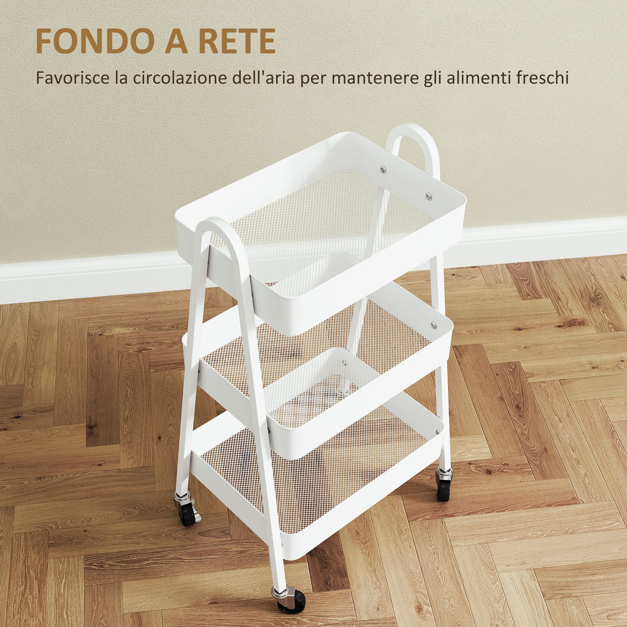 Carrello da Cucina Multiuso a 3 Livelli 42,4x29,8x74,5H cm con Ruote e Freno Bianco