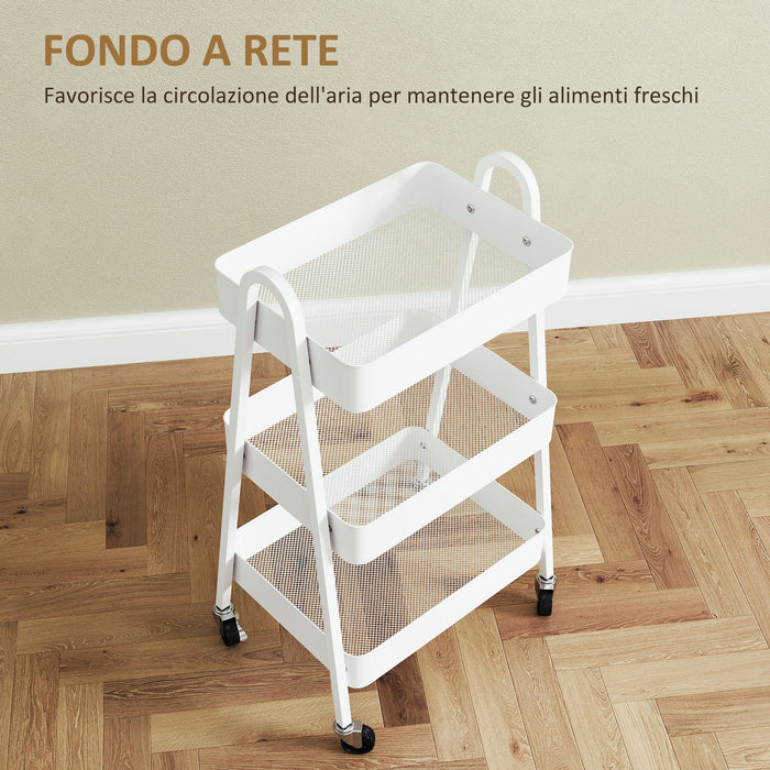 Carrello da Cucina Multiuso a 3 Livelli 42,4x29,8x74,5H cm con Ruote e Freno Bianco