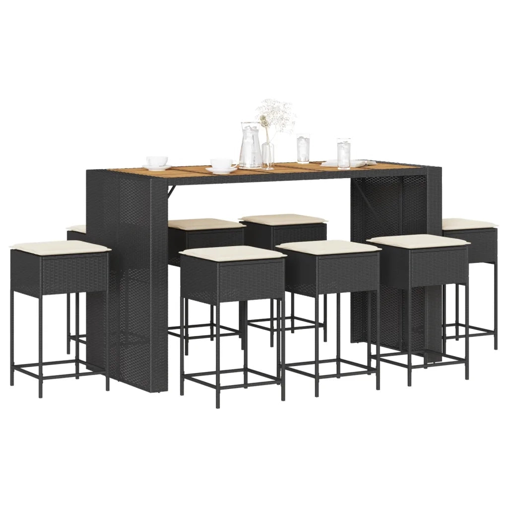 Set Bar da Giardino 9 pz con Cuscini in Polyrattan Nero 3261519