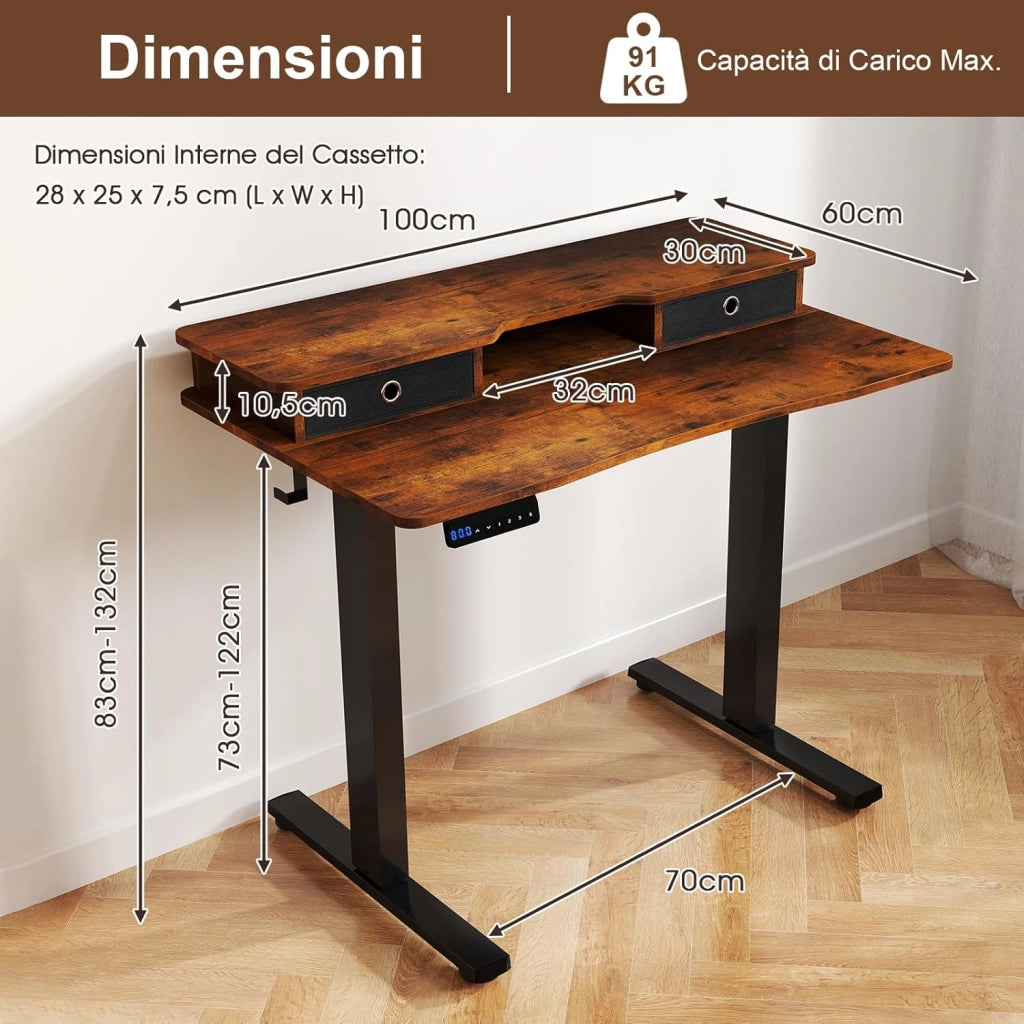 Scrivania Regolabile in Altezza con 2 Cassetti, Scrivania con Supporto per Monitor, Mensola, 2 Ganci e 3 Altezze Preimpostate, Tavolo da Lavoro per Ufficio, Studio e Camera da Letto (Marrone)