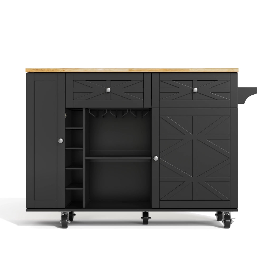 Isola cucina con piano ribaltabile, 1 porta, 2 cassetti, ruote bloccabili, nero, 120 x 45(70) x 89 cm