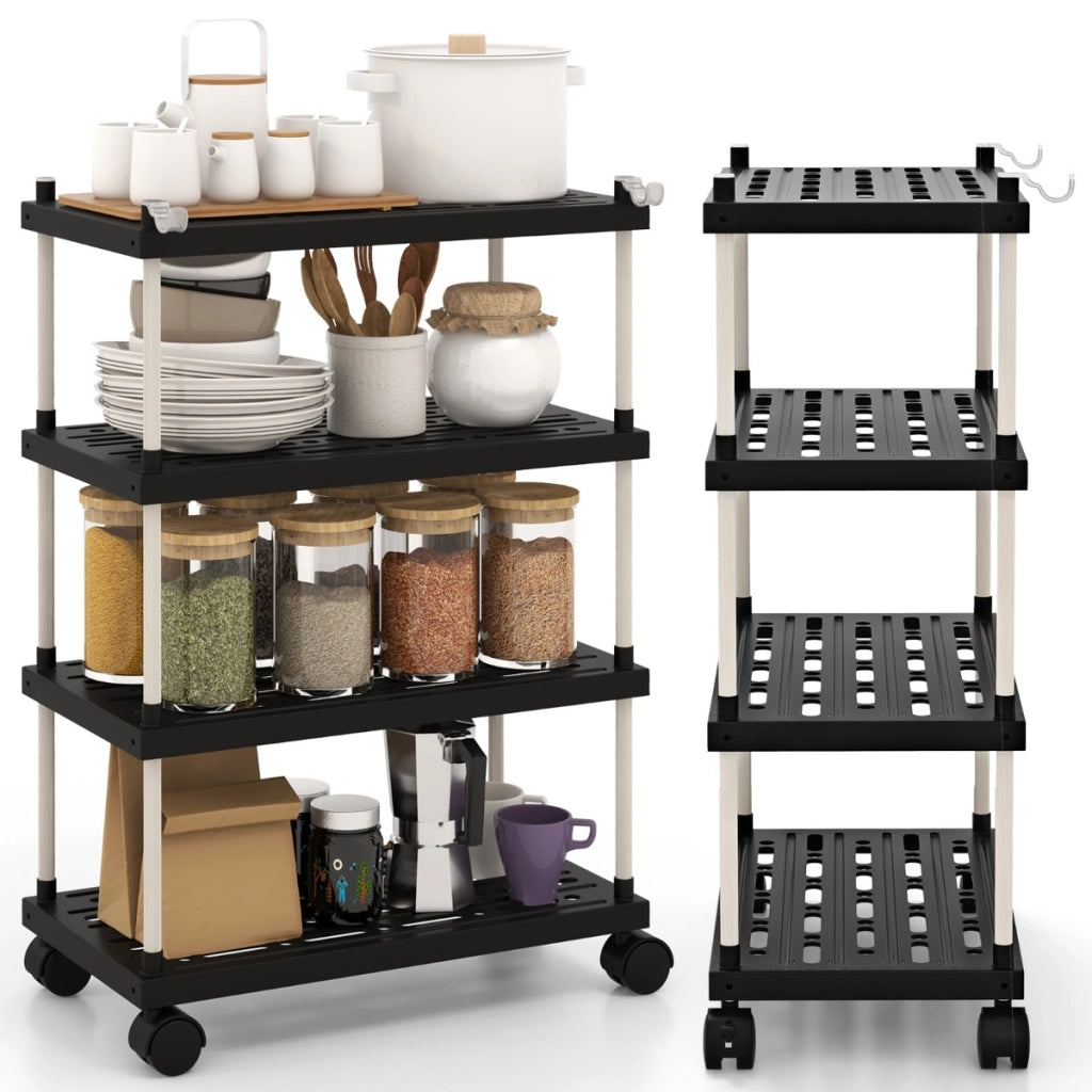 Carrello sottile a 4 piani con ruote bloccabili ganci laterali, Mobiletto per bagno e cucina estraibile Nero-Carrelli