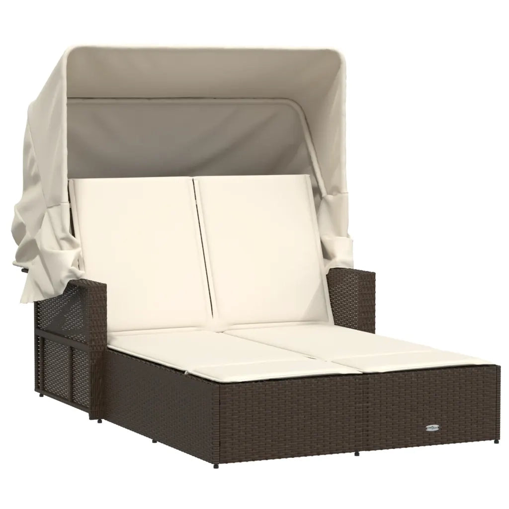 Lettino Doppio con Baldacchino e Cuscini Marrone in Polyrattan 365808