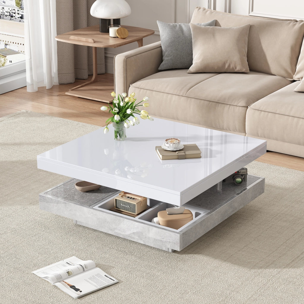 TAVOLINO DA SALOTTO Doppio piano girevole 360° 70x70x36 cm Bianco/effetto marmo