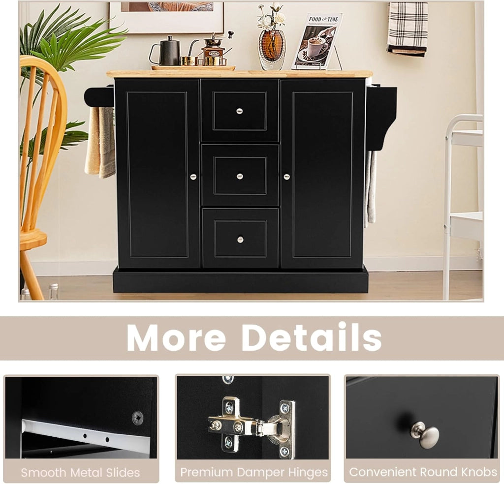 Carrello da Cucina in Legno di Quercia con 2 Armadi e 3 Cassetti, Credenza con 5 Rotelle e Cerniere in Metallo, Isola da Cucina per Soggiorno e Sala da Pranzo (Nero)