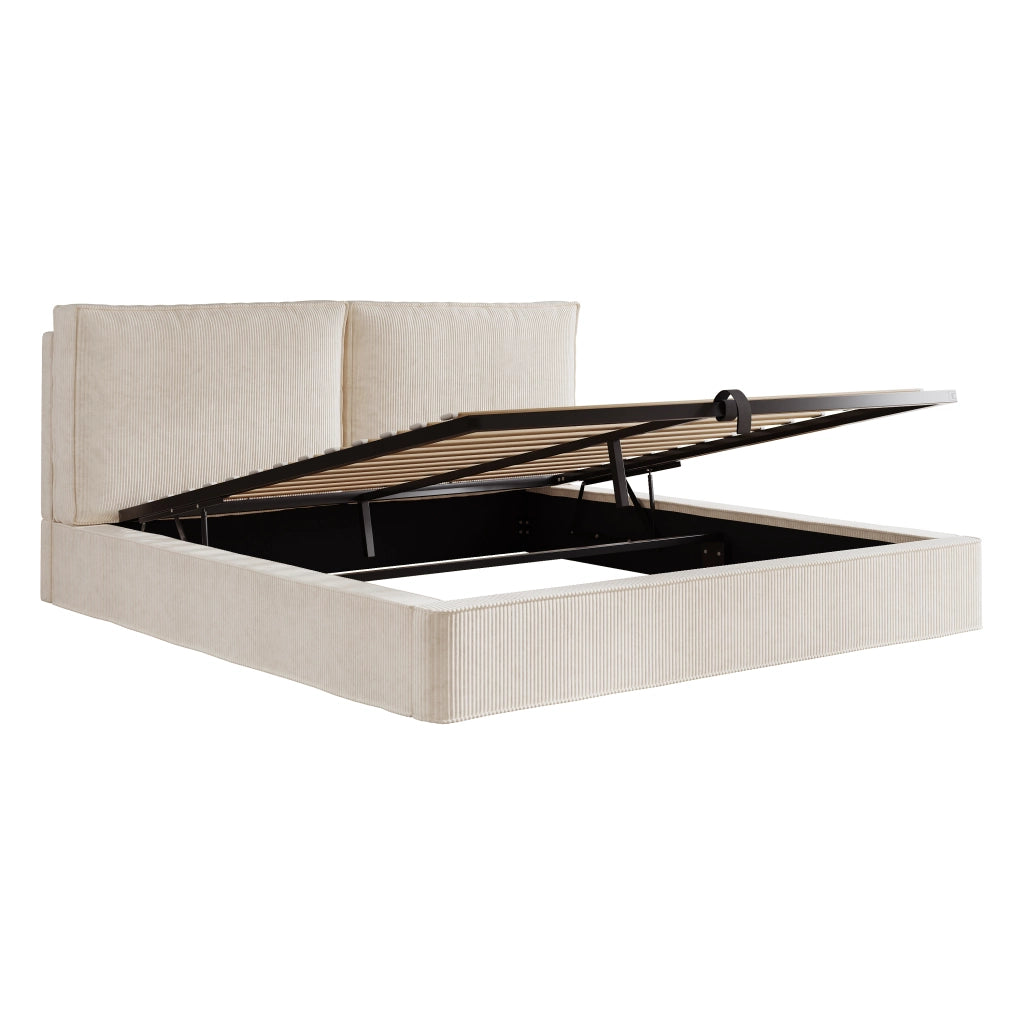 Letti contenitori 180x200 cm con contenitore e testiera imbottita; velluto a coste beige (Senza materasso)