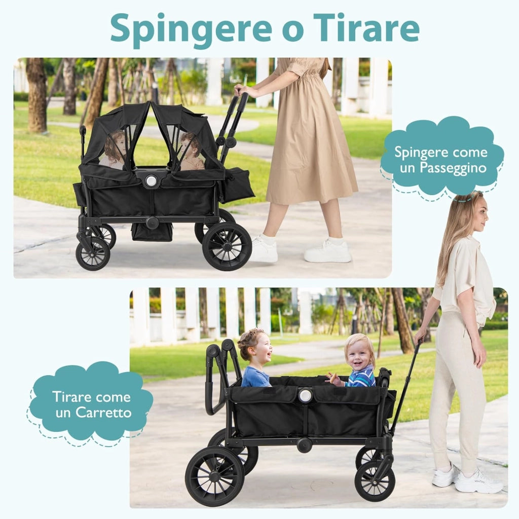 Passeggino Doppio Pieghevole, Passeggino Gemellare con Manico Regolabile, Tettuccio Rimovibile, Portabicchieri, per Bambini da 6+ Mesi, 104 x 57 x 107 cm (Nero)
