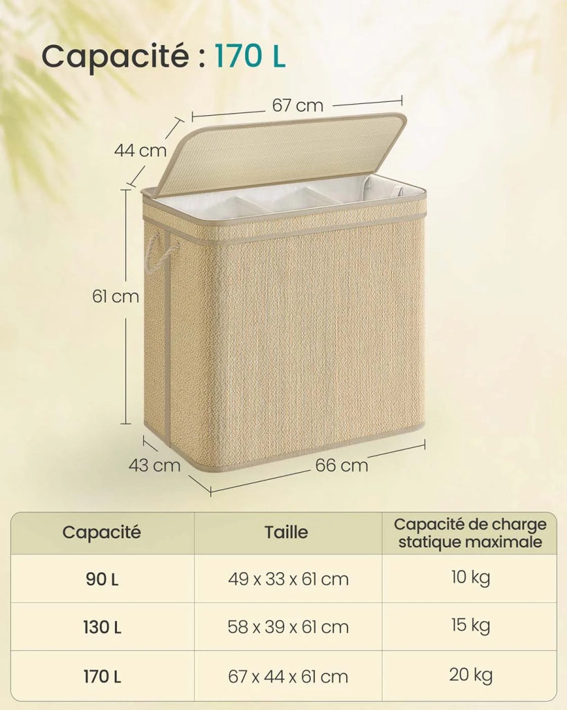 Cesto portabiancheria in bambù cesto per biancheria sporca da 90 litri sacco rimovibile e lavabile in lavatrice coperchio manici lavanderia camera da letto soggiorno beige 12_0006717
