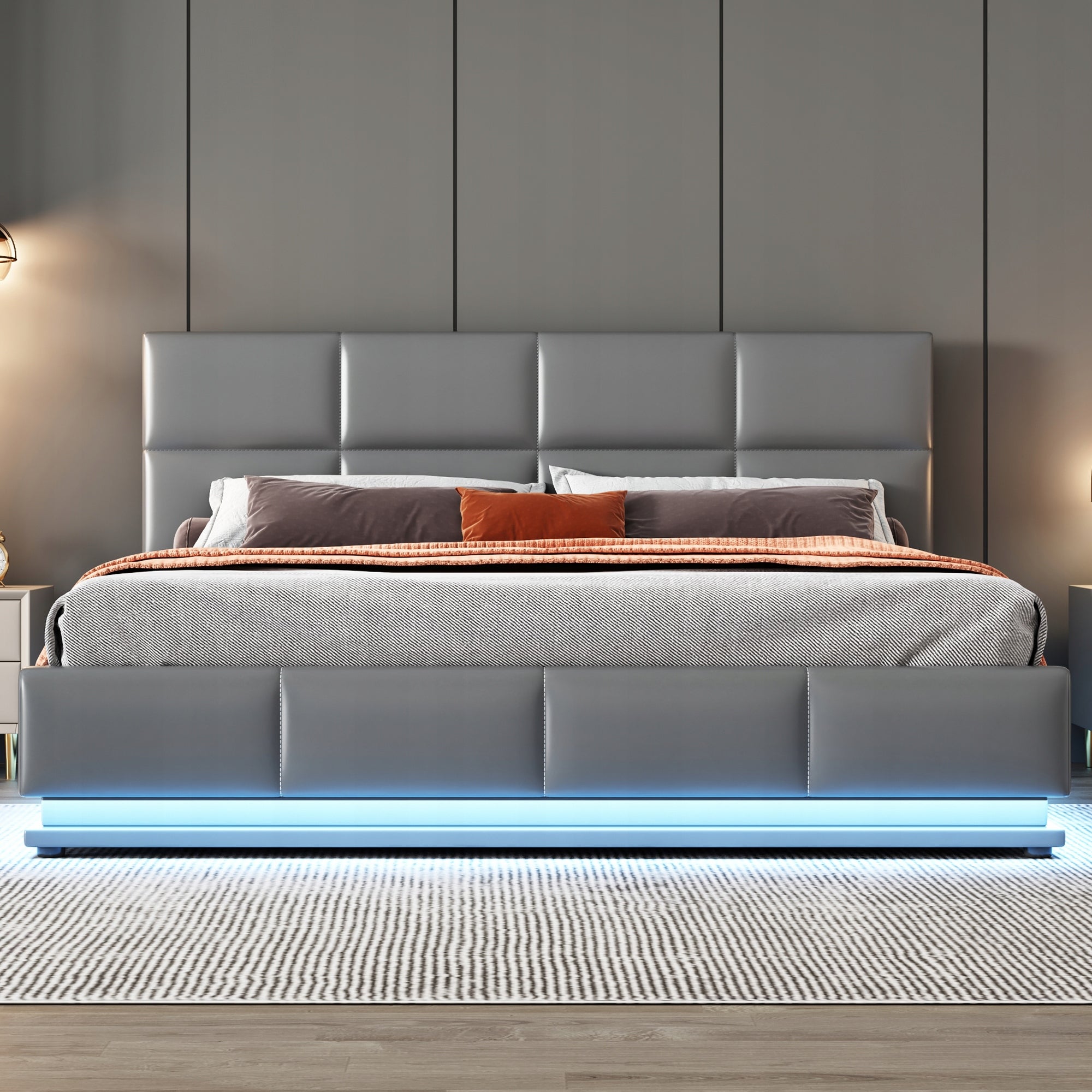 Letto imbottito 160x200 grigio con LED e ripostiglio - Xylo