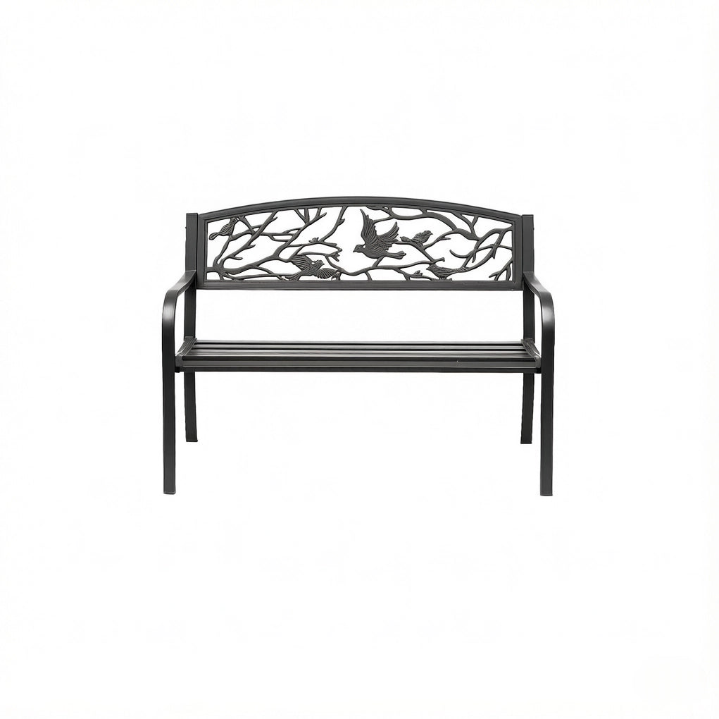 Panchina da giardino in metallo nero 127x60x85 cm; con schienale decorato