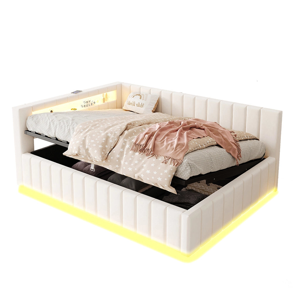 Divano letto imbottito - Xylo - 140x200cm - Velluto beige - LED, sistema idraulico