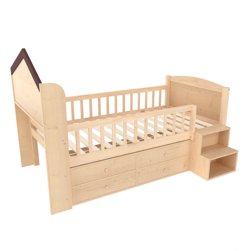 Letto a soppalco basso 90x200 cm in legno di pino, forma casa con LED, 4 cassetti e scala, Naturale