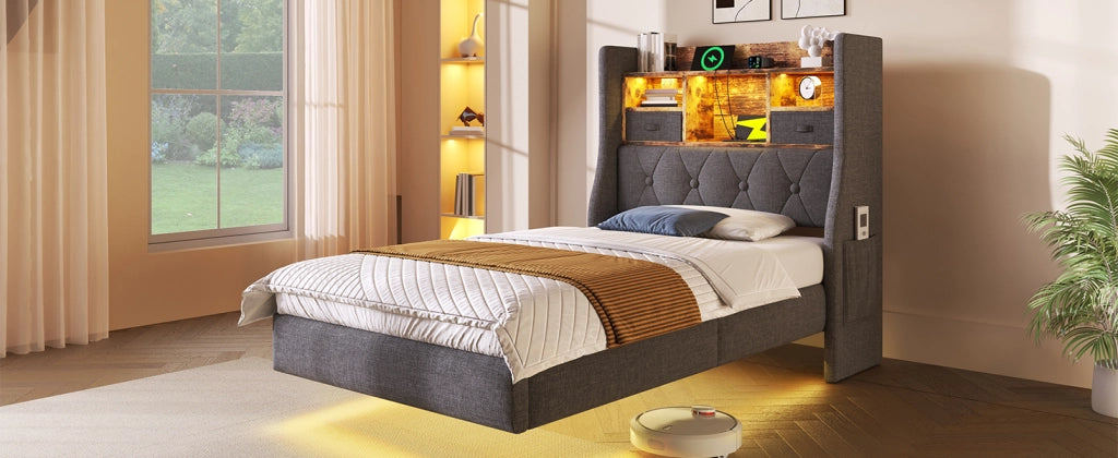 DESMIU Letto singolo 90 × 200 cm con LED, testiera con ripiano, USB e Type-C, senza materasso, grigio