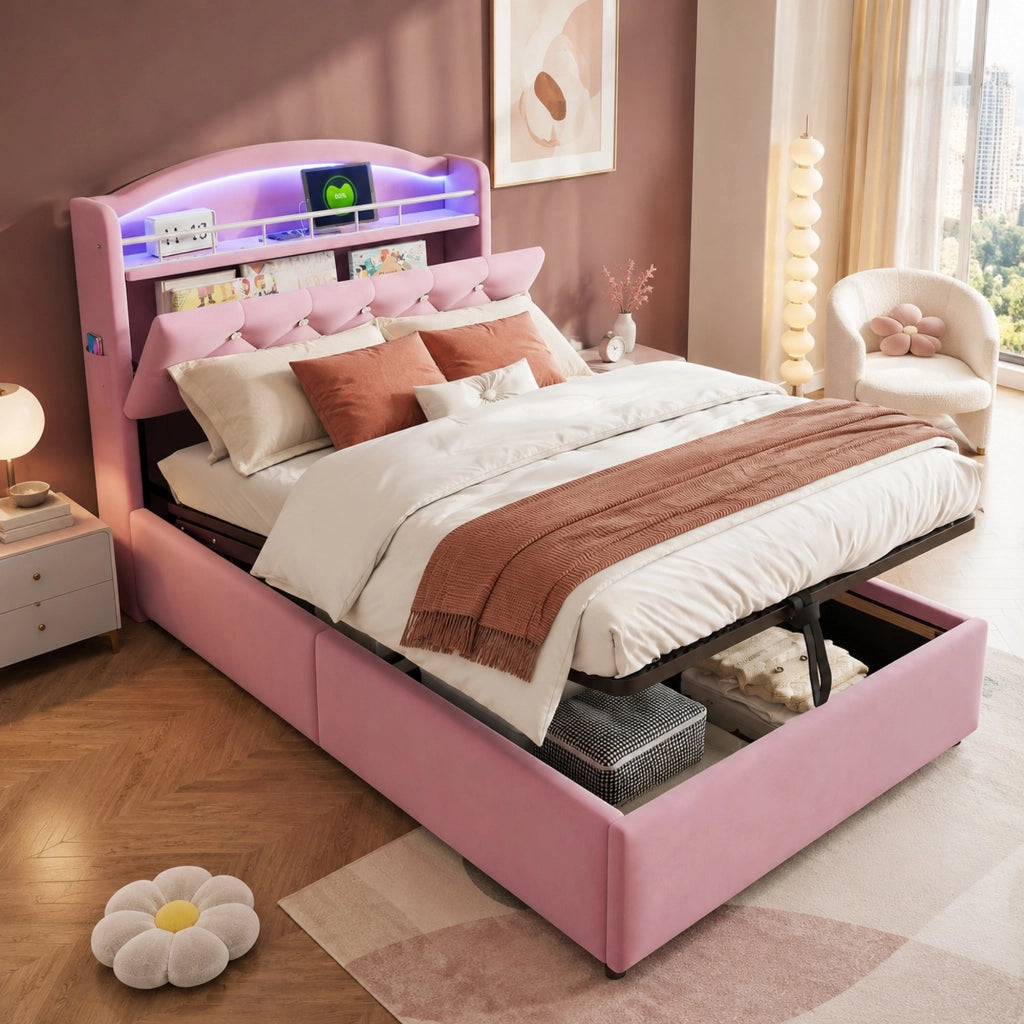 Letto imbottito 90x200 con contenitore, LED e USB, rosa
