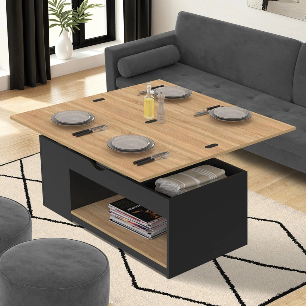 Tavolino rettangolare trasformabile in tavolo da pranzo ELEA in legno nero e impiallacciatura di faggio