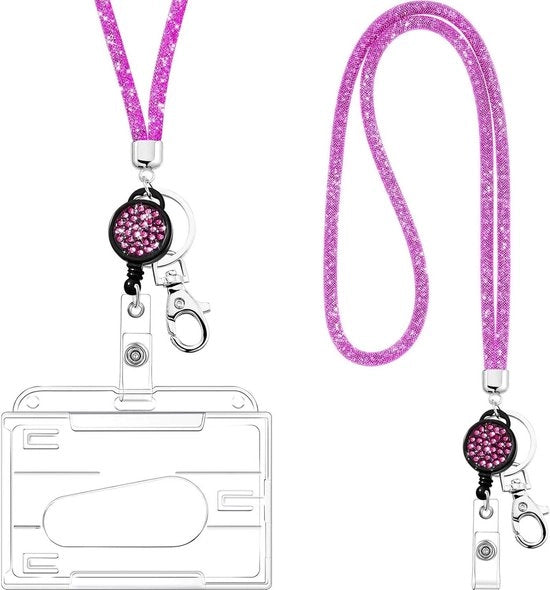 Cerniera per collo con Porta ID trasparente e Anello di chiusura - Lanyard con Perle Strass - Rosa - Accessorio pratico e stile per Badge