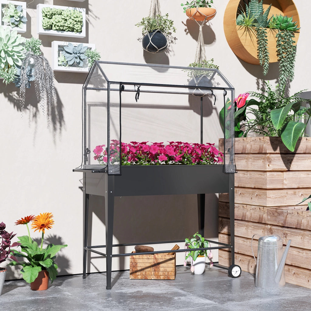 Vaso da giardino rialzato con ruote e telaio in PVC ¨C zephmum ¨C nero 100x45x152 cm