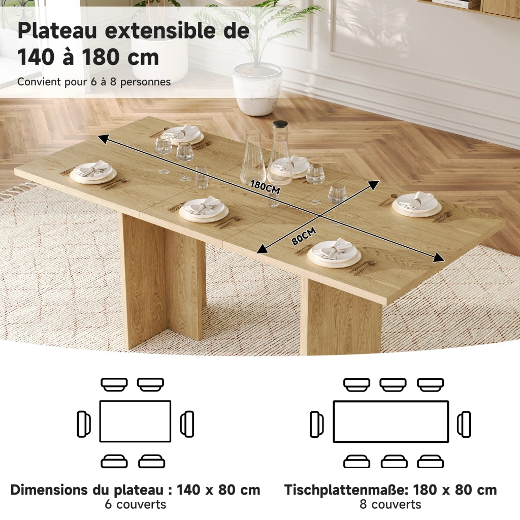 Tavolo allungabile per 6-8 persone con piano spesso 30 mm, struttura a T, in MDF, rovere, 180 × 80 × 75 cm