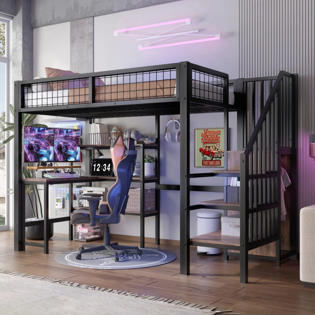 Letto a soppalco ULEVR 90x200 cm con scrivania, ripiani e armadio integrato, nero e marrone