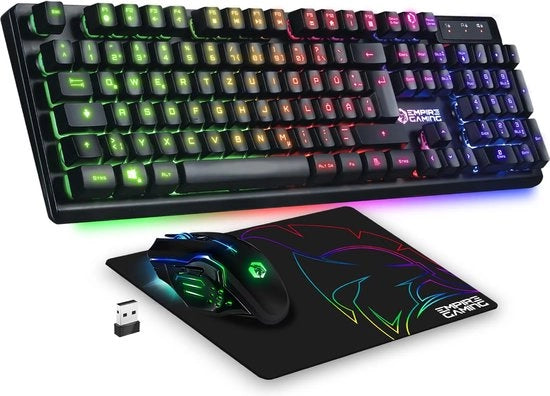 Tastiera da gioco wireless RF800 con mouse QWERTZ (disposizione tedesca) - Tastiera wireless 2,4 G RGB - Mouse wireless ergonomico con pavimento da 4800 dpi - PC PS4 PS5 Xbox One/Serie Mac