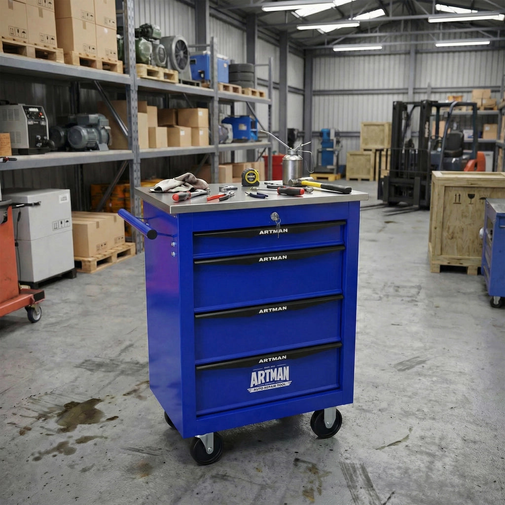 CARRELLO DA OFFICINA 4 Cassetti 62,5x34,5x78 cm Acciaio Nero/Blu