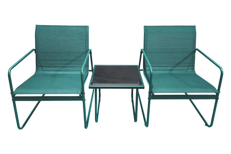 SET DI DUE POLTRONE 56,5X74 2X1 VERDE CON STRUTTURA IN METALLO + TAVOLINO NERO E VERDE 44,5X41 CM DA ESTERNO