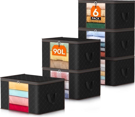 Organizzatore di Capacità Elevata Borsa di Vestiti con Maniglia Rafforzata Tessuto Spesso per Coperte, Coperte, Cuscini, Ripiegabile con Cerniera Solida, Finestra Vetrata, 6 Pack, 90L, Nero
