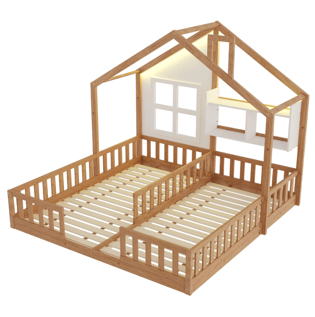 Letto doppio per bambini 2x90x200 cm con LED, ripiani e sponde in legno naturale
