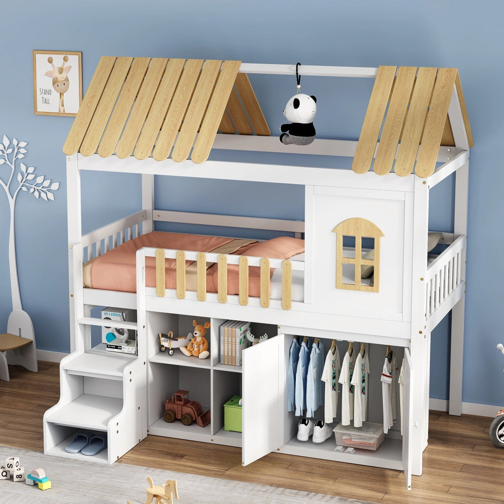 Letto a soppalco per bambini 90x200 cm con armadio