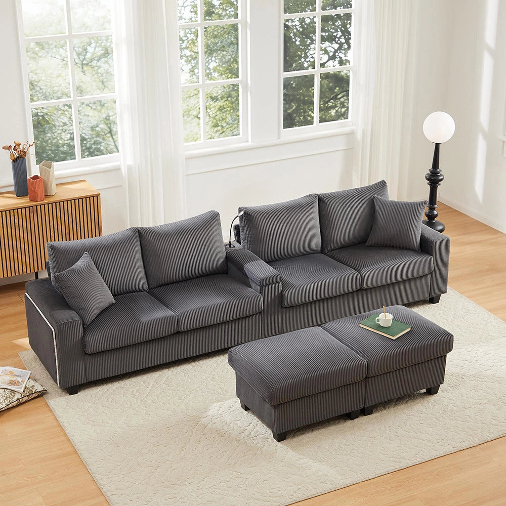 Divano a U in velluto costato - Xylo - 334x128,5x81cm - Grigio - 2 sgabelli, luce lettura, vassoio, porta-bevande, USB/Type-C, braccioli LED