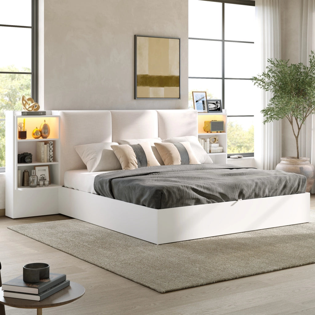 DESMIU Lit coffre 180 × 200 cm 2 posti con 6 vani, LED, senza materasso, in MDF e compensato, bianco