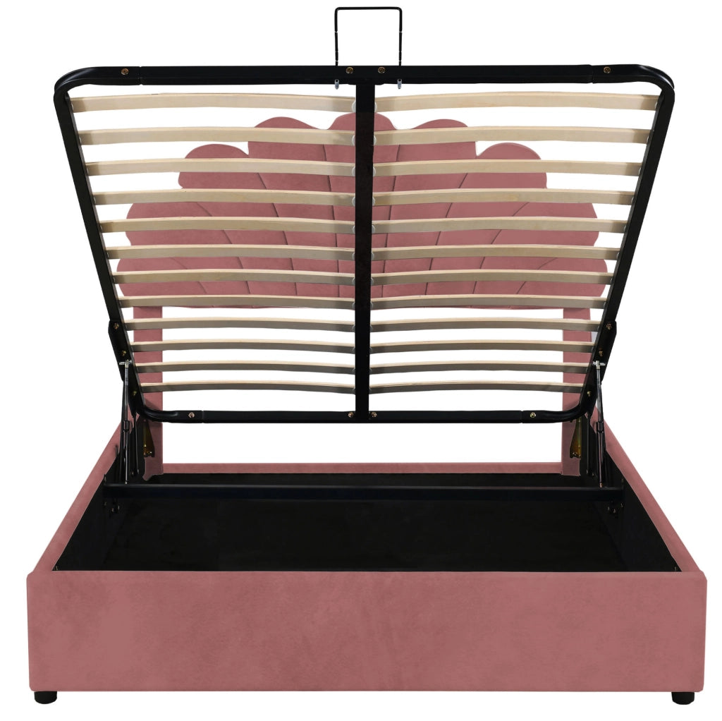 Letto matrimoniale imbottito ULEVR 140x200 cm con contenitore idraulico e testiera floreale, velluto rosa