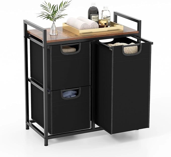 Cesto Portabiancheria Salvaspazio, Portabiancheria con Piano e 2/3 Sacche Estraibili e Rimovibili, Cesta Panni Sporchi con 2/3 Scomparti per Lavanderia Bagno (3 Scomparti)