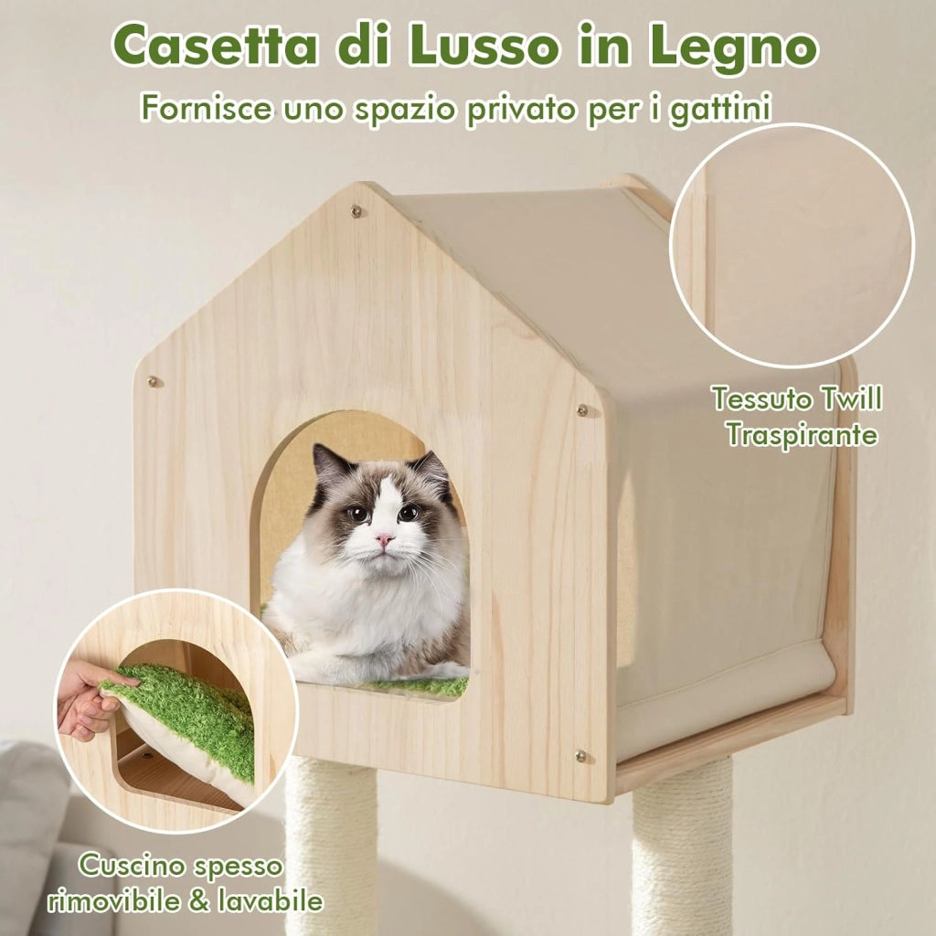 Albero Tiragraffi per Gatti 139 cm, Torre Multi-livello in Legno con Tiragraffi in Sisal, Piattaforme di Salto, Trespolo e Amaca, Centro di Attività per Gatti, Verde