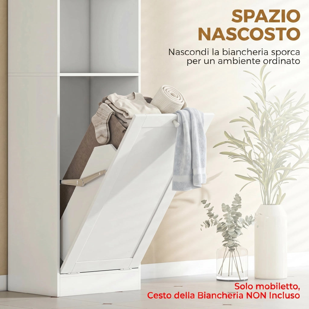 Mobile Bagno Alto con Cesto a Ribalta e Mensole, 40x30x170 cm, Bianco