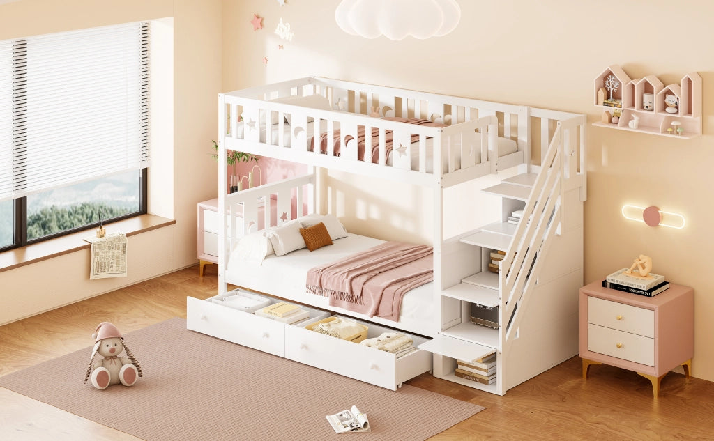 DESMIU Letto a castello per bambini 90 × 200 cm e 90 × 200 cm con scala contenitore, 2 cassetti, senza materasso, bianco
