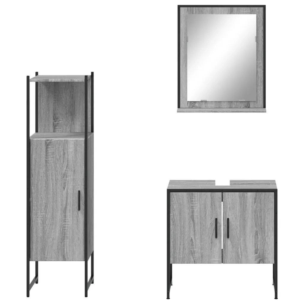 Set Mobili da Bagno | Armadio da bagno 3 pz Grigio Sonoma in Legno Multistrato