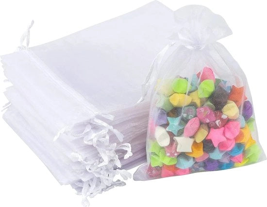 Zaketti di Organza Bianchi | 100 pezzi | 10x15cm | Ideali per Regali, Matrimoni e Gioielli