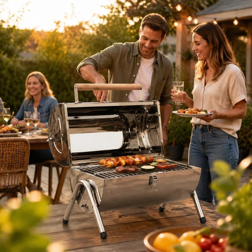 Portable Tabletop Charcoal Grill, Stainless Steel, Double Grate