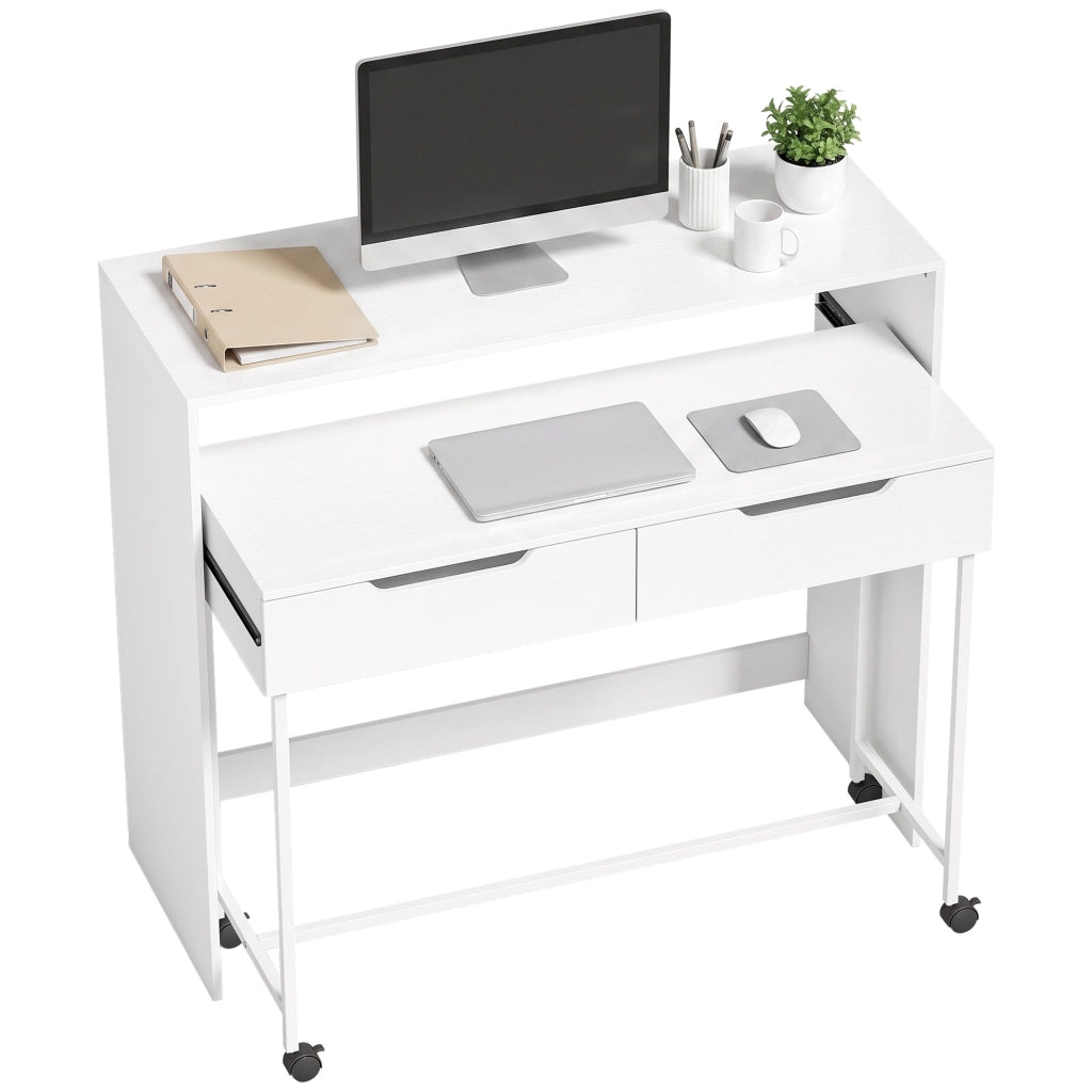 Scrivania computer estensibile con 2 cassetti, bianca, design moderno, salvaspazio, 100 cm, per casa e studio