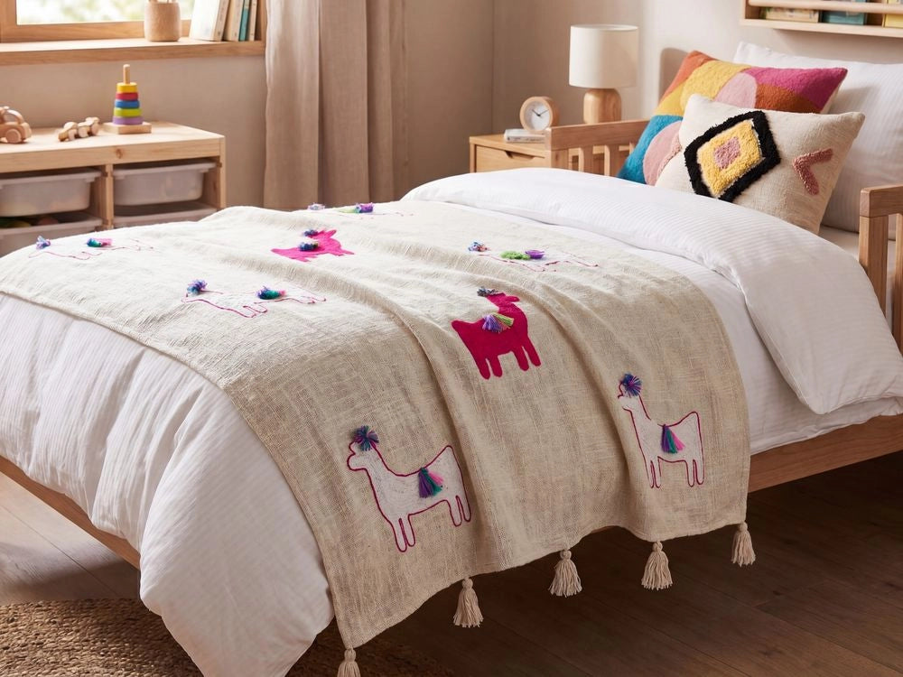 Coperta in cotone beige e rosa 130 x 180 cm copriletto in ricamo fatto a mano con motivo lama accogliente con nappe