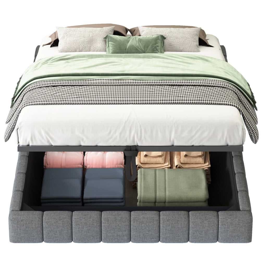 Letto matrimoniale imbottito 140x200 cm sospeso con LED e contenitore