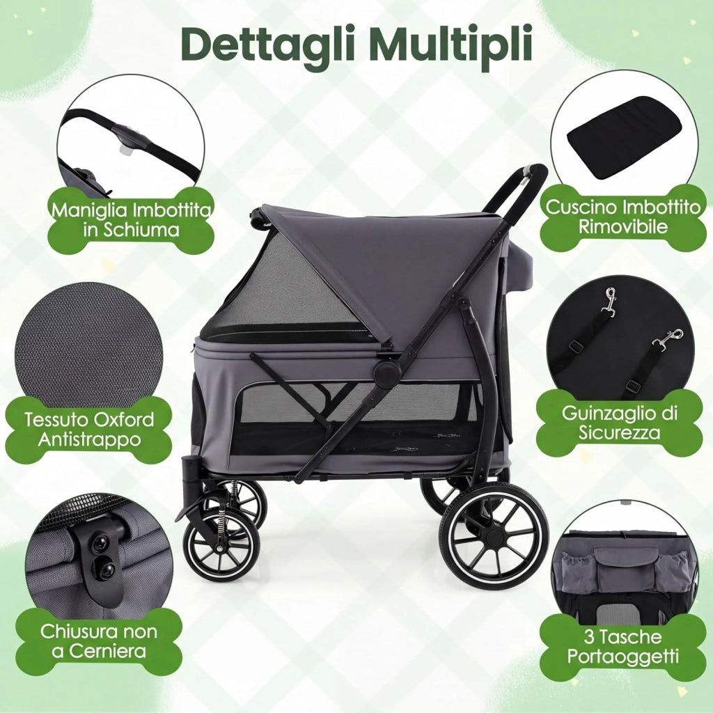 Passeggino Pieghevole per Cani, Carrozzina per Cani Fino a 40 kg con Entrata Bassa, Finestra Regolabile in Rete, Tasche Portaoggetti e Cintura di Sicurezza per Animali Tutte le Taglie (Grigio)