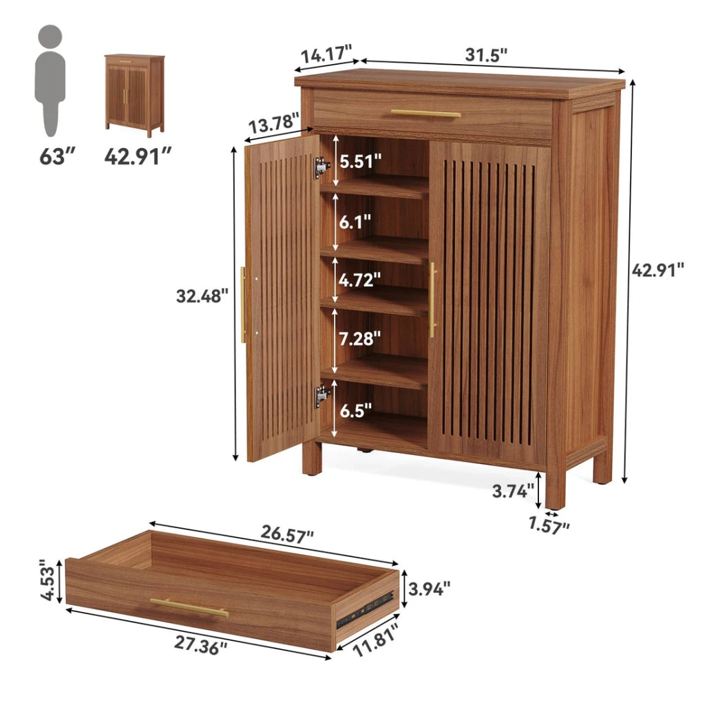 Scarpiera con 2 ante a lamelle, 1 cassetto e 5 ripiani, per ingresso, in MDF e metallo, marrone, 119,5 × 44 × 26 cm