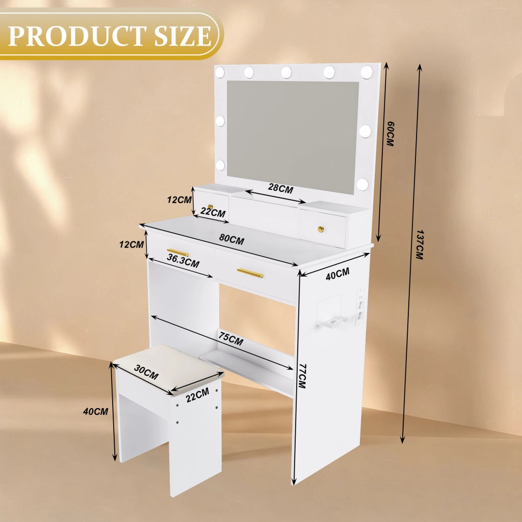 Toeletta bianca in MDF con LED, presa, 4 cassetti e sgabello