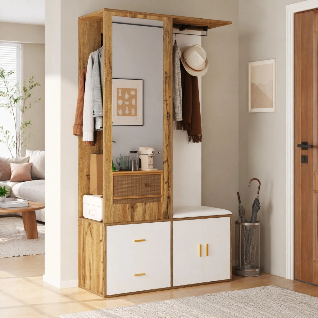 GARDEROBA Ingresso con specchio e panca 100x38x180 cm Bianco/Naturale