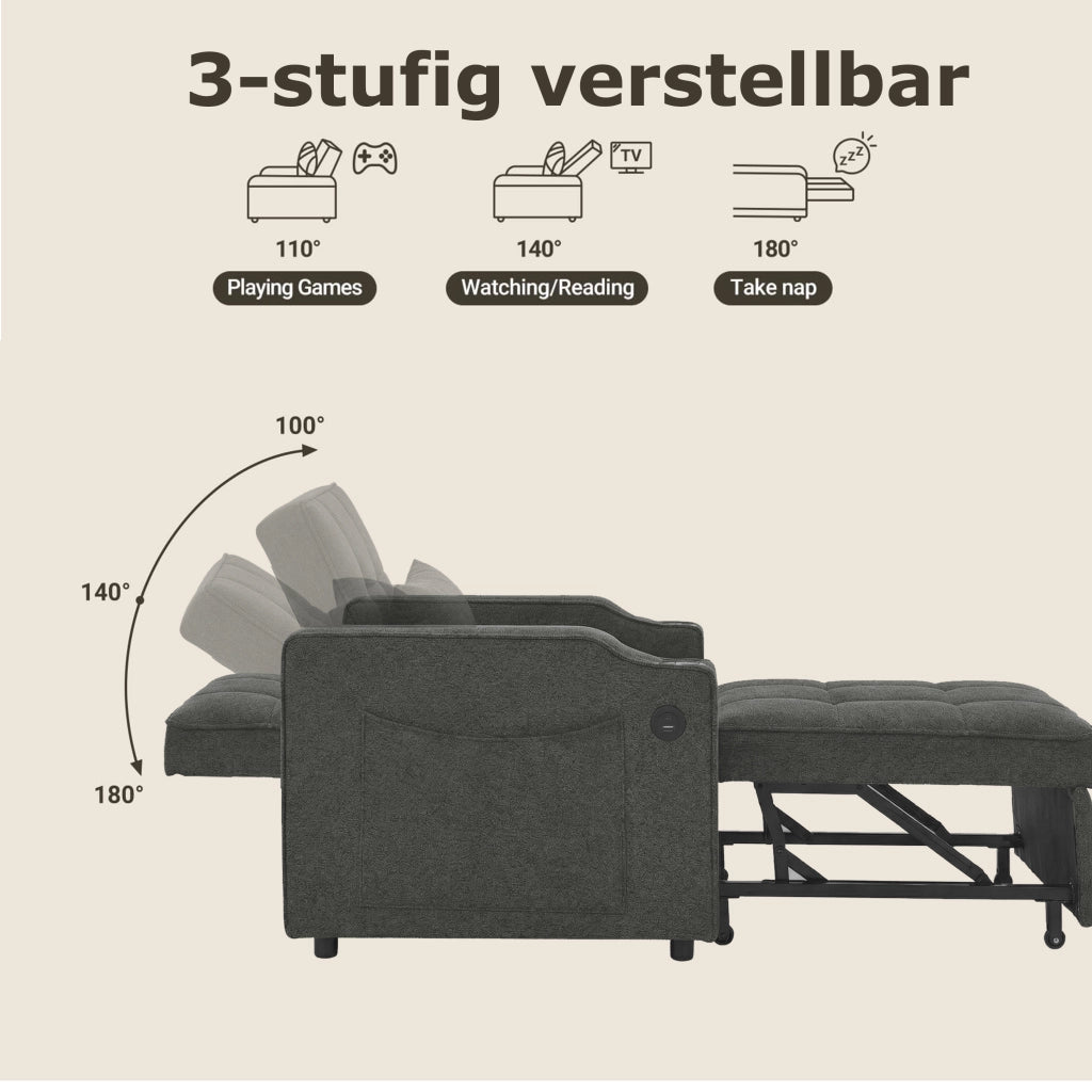 Fauteuil convertible 3 in 1 con funzione letto schienale regolabile a 3 posizioni USB e USB-C in tessuto grigio scuro