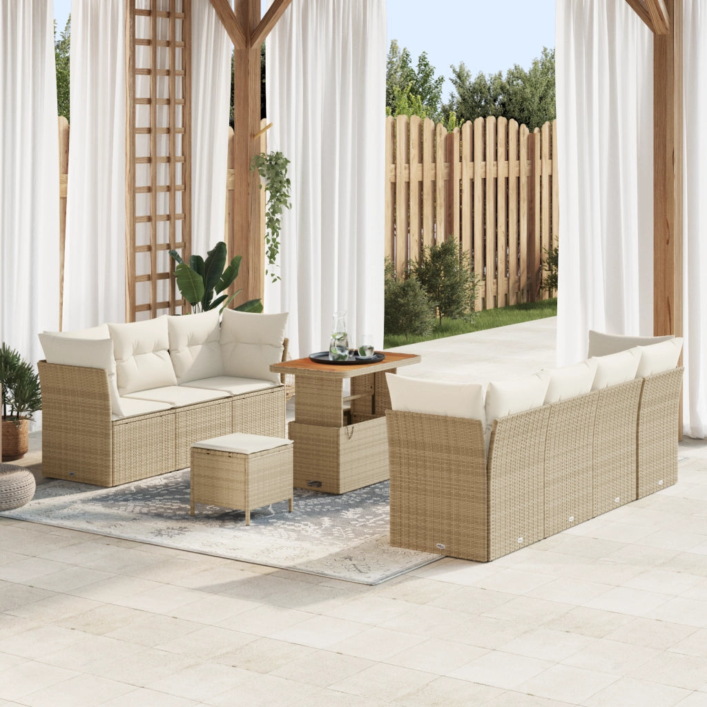 Set Divano Giardino da 10 Pezzi con Cuscini Beige Polyrattan Acacia
